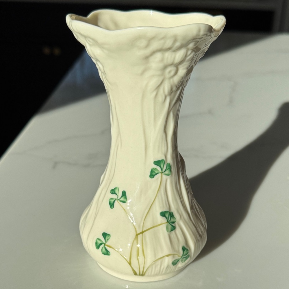 Vintage Hand Painted Belleek Shamrock Clover Vase